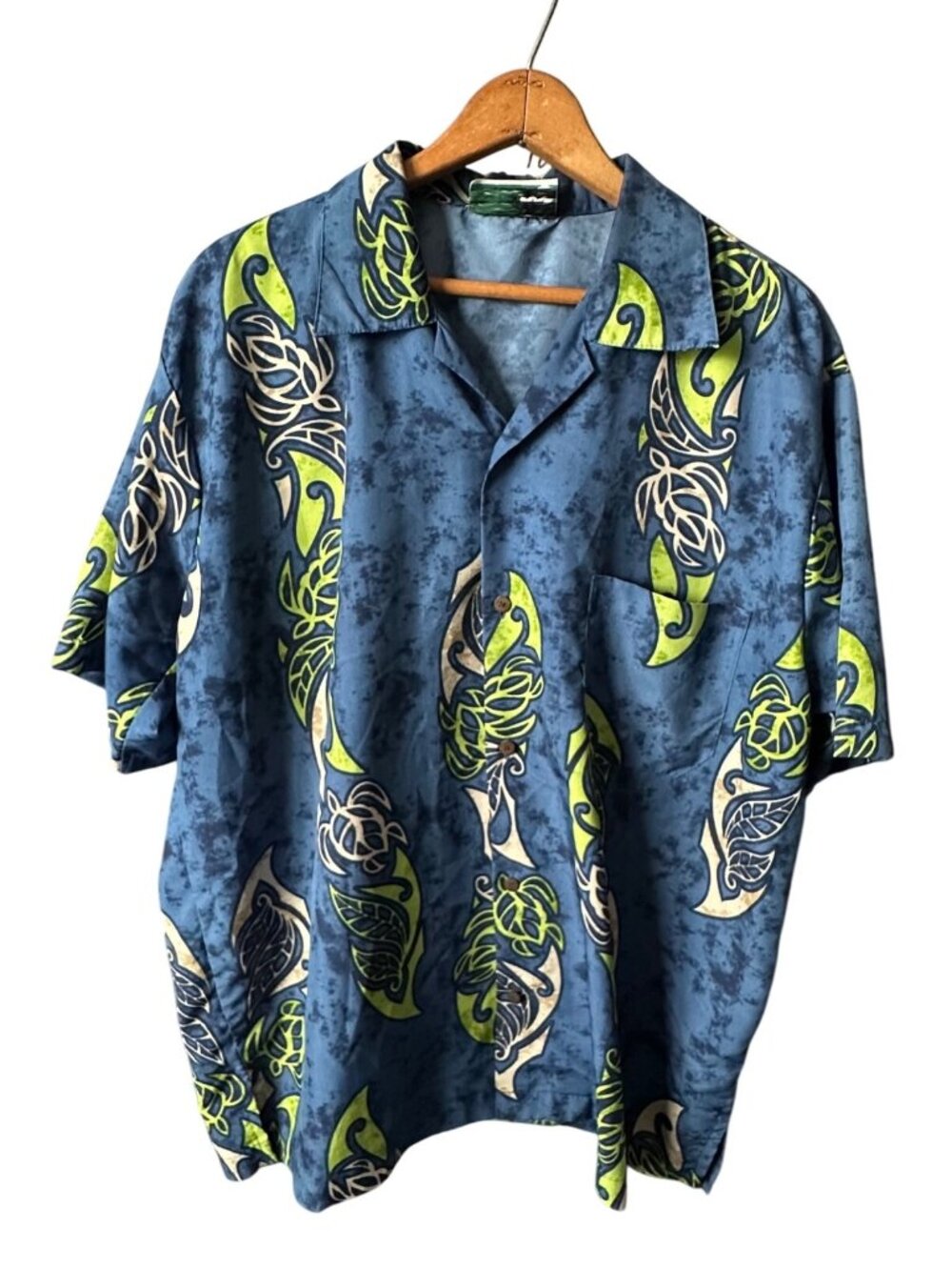 Hawaiian Sea Turtle Button Up Shirt Blue Tribal Short Sleeve Neon Size XL